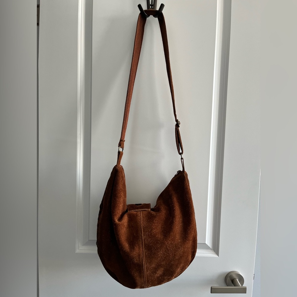 Italian Brown Suede Boho Crossbody Bag with Leopard Fur Accent - Picture 3 of 16